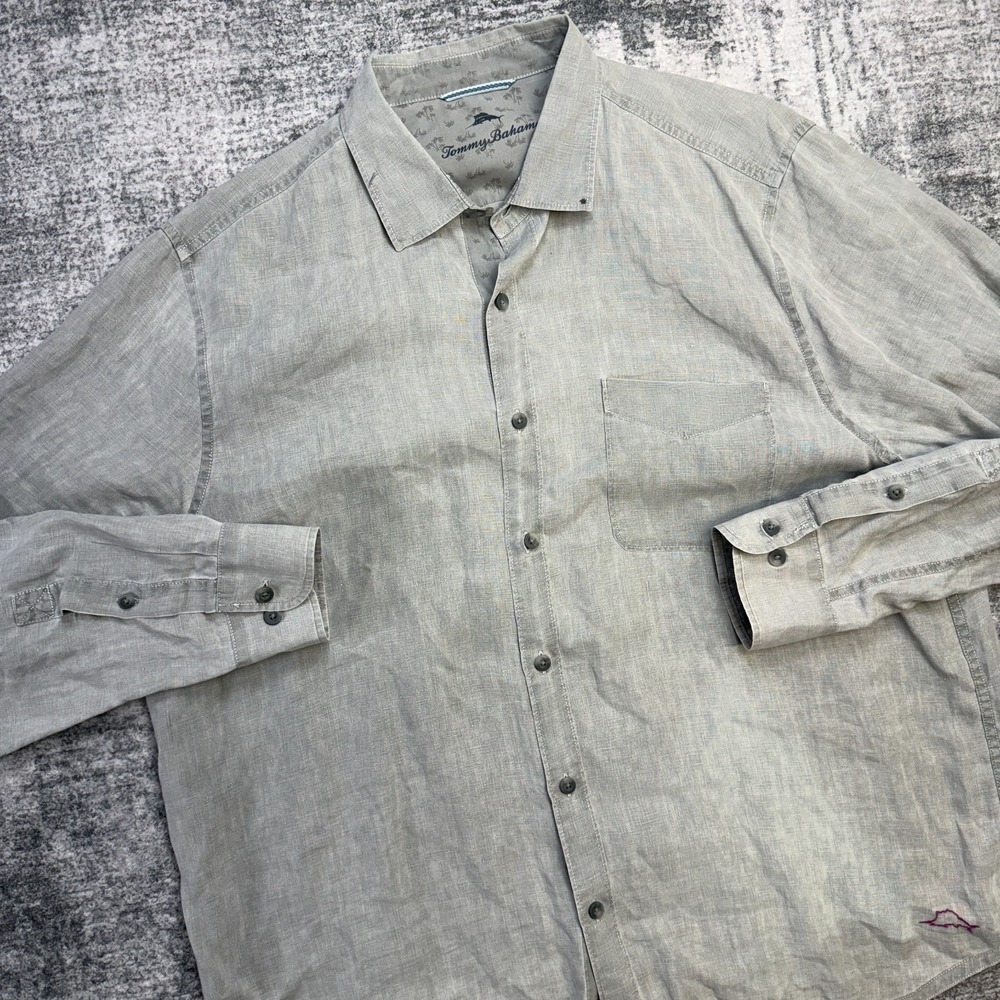 Tommy Bahama Shirt Mens XL‎ Gray Linen Button Up Lightweight Beach Resort